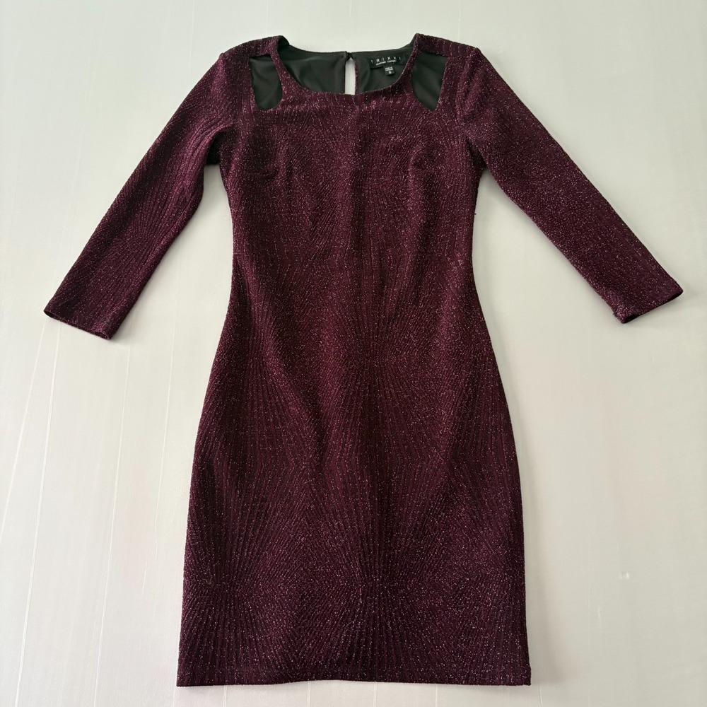 Trixxi‎ Metallic Bodycon Dress Small Burgundy Glitter Long Sleeve Cutout Party